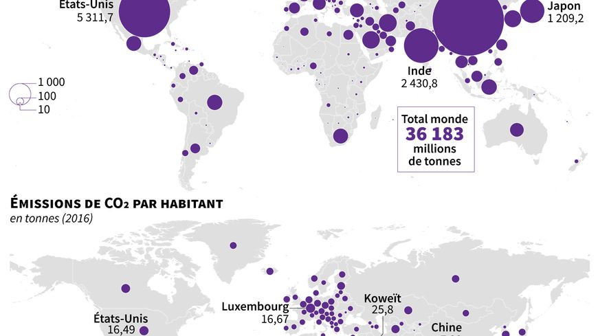 Cartes mondiales des émissions de dioxyde de carbone en 2016, exprimées en millions de tonnes et en tonnes par habitant, selon le Global Carbon Project