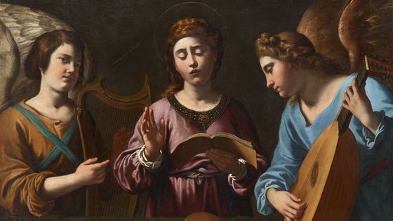 Sainte Cécile et deux anges musiciens, vers 1615, huile sur toile 91x120. Kunsthistorisches Museum, Vienne, Picture Gallery . Exposé jusqu‘au 28 janvier 2019 Au Musée Jacquemart-André, dans le cadre de l’exposition Caravage à Rome, Amis et ennemis - KHM-Museumsverband
