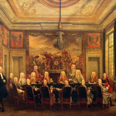 Un Conseil des Ministres en 1715 - Louis XV hérite aussi des dépenses de son prédécesseur et remplir les caisses de l'Etat revient souvent à emprunter