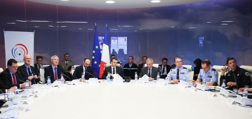Réunion du centre interministériel de crise (CIC) au ministère de l'Intérieur, le 23 mars 2018, à la suite de l'attentat terroriste de Trèbes. 