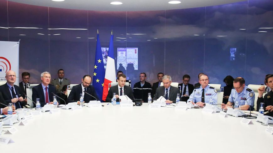 Réunion du centre interministériel de crise (CIC) au ministère de l'Intérieur, le 23 mars 2018, à la suite de l'attentat terroriste de Trèbes.