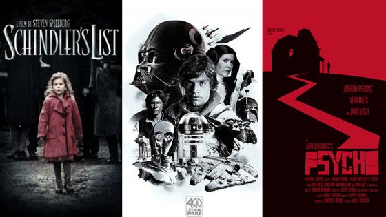 Affiches/Visuels des films La Liste de Schindler, Star Wars et Psychose
