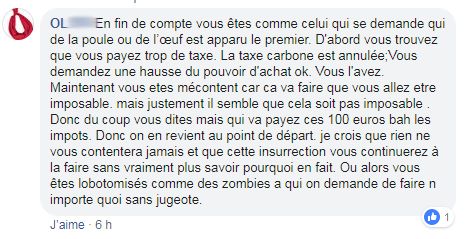 Extrait des réactions sur le groupe "La France en colère !!!" après les déclarations d'Emmanuel Macron lundi soir.