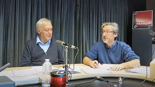 France Musique, studio 131... Le compositeur Guy Reibel & Le producteur Arnaud Merlin (g. à d.)