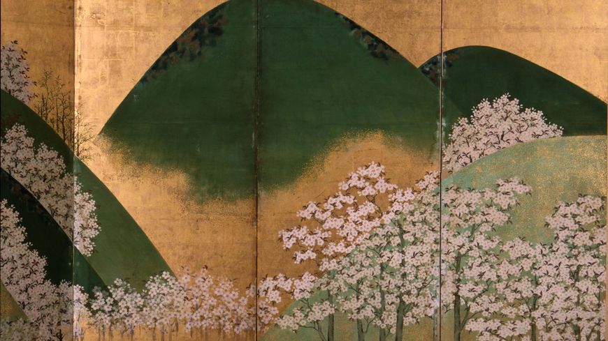 Watanabe Shikō, Cerisiers en fleurs à Yoshino, paravent gauche, XVIIIe siècle, paire de paravents à six panneaux, encre et couleurs sur feuille d’or, avec l’aimable autorisation du musée national de Tōkyō (© TNM Image Archives)