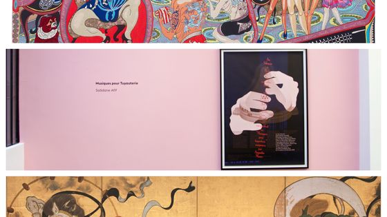 de haut en bas : "GRAYSON PERRY" (The Adoration of the Cage Fighters, © Grayson Perry, Courtesy the artist and Victoria Miro), "Saâdane Afif" (No Commercial Love, © Saâdane Afif) et "TRÉSORS DE KYOTO" (Tawaraya Sōtatsu, Dieux du vent et du tonnerre)