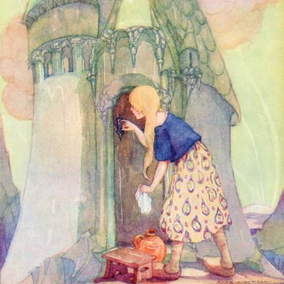 Illustration du conte des "Sept corbeaux" (1934). La petite fille se sert de son index comme d'une clé pour ouvrir la porte.
