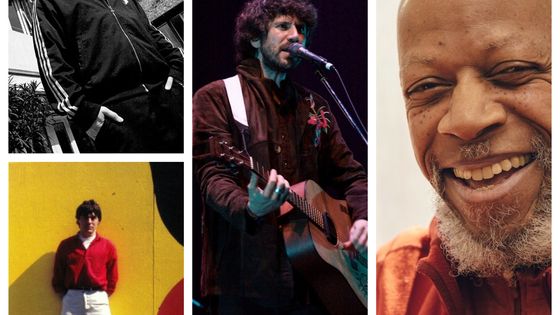 à gauche : Orelsan et la pochette de l'album de Robert Rental, au milieu : Gruff Rhys, à droite : Laraaji (© Dampfzentrale Bern)