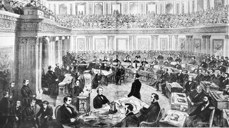 Gravure montant le procès d'Impeachment d'Andrew Johnson le 13 mars 1868 au Sénat. Ce Président échappa à la destitution à une voix près.