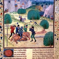 Jacquerie ou revolte des paysans : miniature de Loyset Liedet in "Chroniques" de Jean Froissart, XIVe siècle