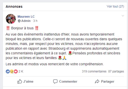 Le message appelant à ne plus poster de publications en lien avec l'attaque de Strasbourg.