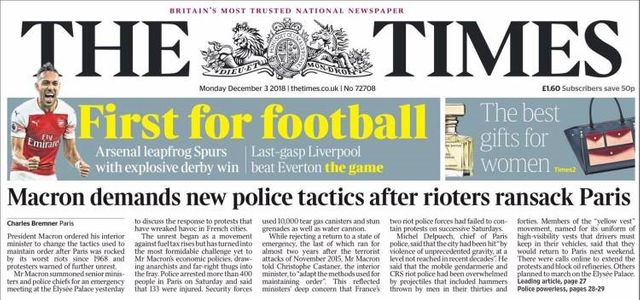 La Une du Times ce 3 décembre 2018