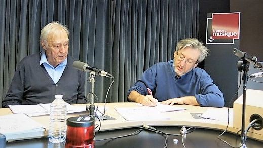 France Musique, studio 131... Le compositeur Guy Reibel & Le producteur Arnaud Merlin (g. à d.)
