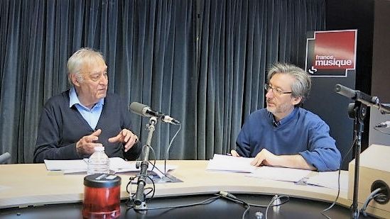 France Musique, studio 131... Le compositeur Guy Reibel & Le producteur Arnaud Merlin (g. à d.)
