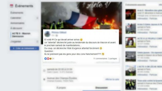 Un message Facebook sur le groupe "Acte 5 : Macron démission" met en doute l'origine terroriste de l'attaque qui a eu lieu mardi 11 décembre 2018 à Strasbourg. Capture d'écran
