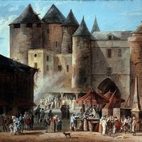 Scènes de rue à la fin du XVIIIe siècle place de l'Apport à Paris, devant l'ancien fort du Grand Châtelet.