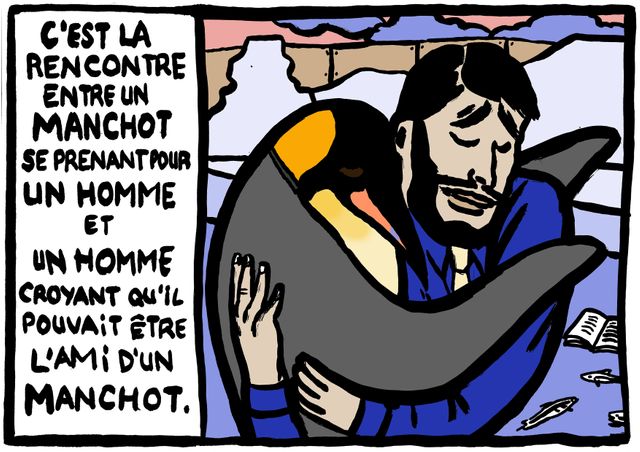 C'est la rencontre entre un manchot et un homme....