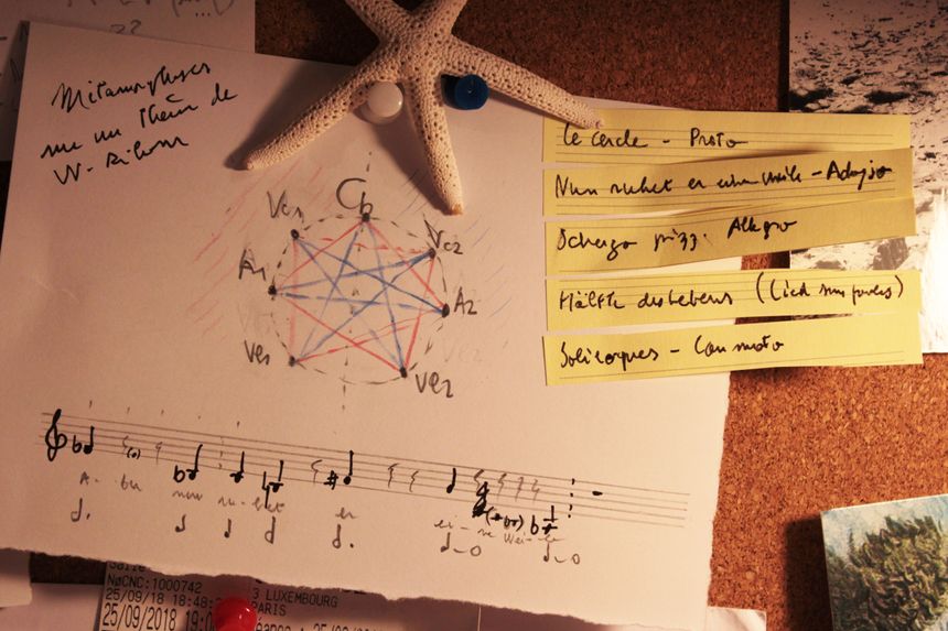 thème de Wolfgang Rihm et disposition des musiciens dans l'espace