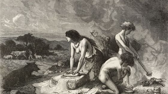 La fabrication du pain à l'âge de pierre selon Emile Bayard (1837-1891), illustration de l'édition italienne du livre "Les races humaines" de Louis Figuier (1819-1894), du magazine "L'Illustrazione Universale", année 2, no 11, December 27, 1874 ©Getty - Emile Bayard/De Agostini Picture Library