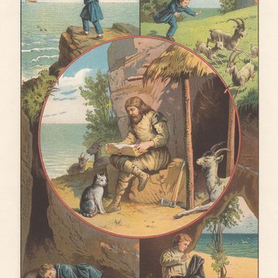 Robinson Crusoé sur son île déserte, lithographie, publié en 1887