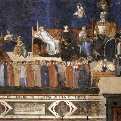 L'"Allégorie et effets du Bon et du Mauvais Gouvernement" (1338-40) orne La Salle des Neuf (conseil de 9 citoyens « gouverneurs et défenseurs de la commune et du peuple » du Palazzo pubblico de Sienne