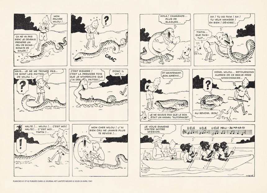 Planches 61 et 62 publiés dans le journal HET LAATSTE NIEUWS le jeudi 24 avril 1941, dans "Les Tribulations de Tintin au Congo", de Philippe Goddin