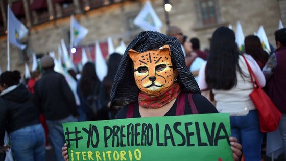 Devant l'assemblée nationale mexicaine, des sympathisants de l'armée nationale de libération zapatiste (EZLN) manifestent contre un projet ferroviaire du président Obrador, qui traversera le territoire maya ©AFP - RODRIGO ARANGUA