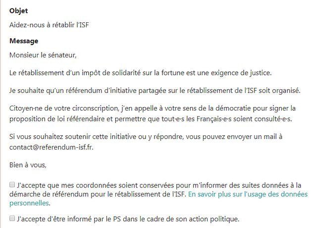 Le message pré-rempli s’affiche
