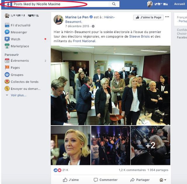 En décembre 2015, il "like" le post de Marine Le Pen consacré à la soirée électorale qu'elle a passé à Hénin-Beaumont à l'issue du premier tour des régionales.
