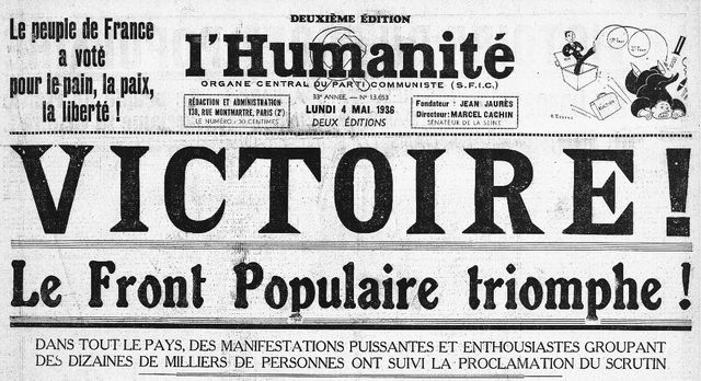 La Une de l'Humanité du 4 mai 1936.
