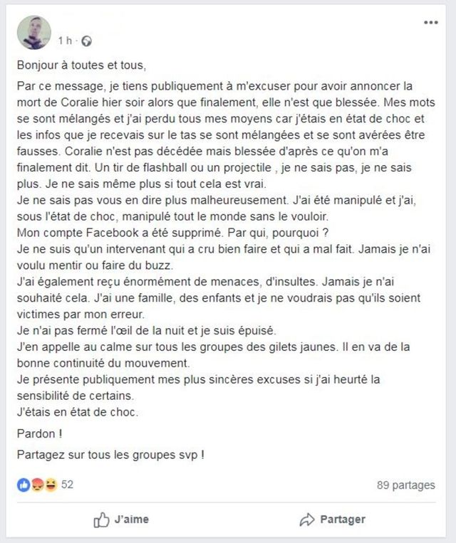 Message d'excuses publié sur Facebook par l'homme de la vidéo évoquant la mort d'une manifestante