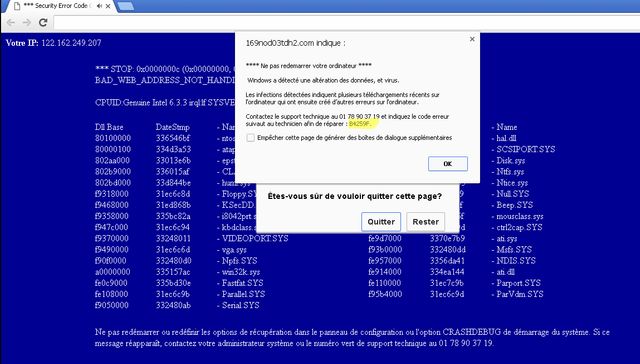 Capture d'écran de l'un des messages d'erreur qu'utilisaient les arnaqueurs.