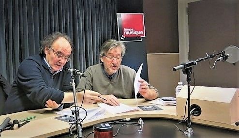 France Musique, studio 131... Le compositeur José Manuel López López & Arnaud Merlin, producteur de l'émission (g. à d.)