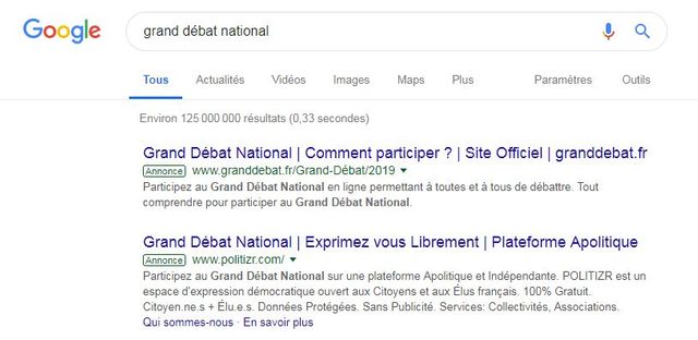 Lorsqu'on recherche "grand débat national" on ne trouve pas que le site officiel