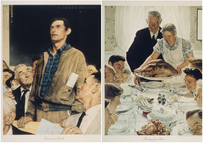 La Liberté de parole (Freedom of Speech) peint par N. Rockwell en 1942, est le 1er d'une série de quatre tableaux (dont À l'Abri du besoin -"Freedom from Want"), inspirés du discours sur l'état de l'Union de 1941 du Président Roosevelt.