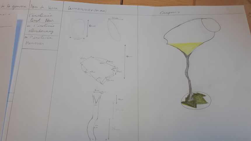 Le plan d'une flûte inclinée avec son pied présentant la feuille du cépage dégusté.