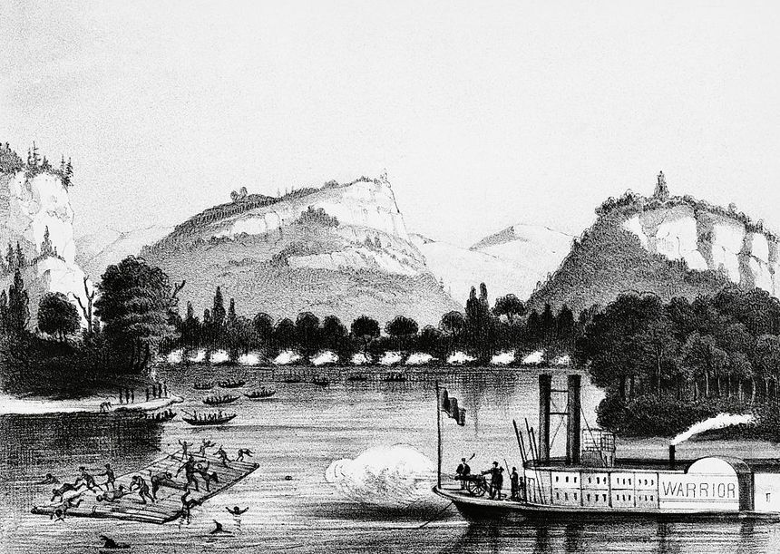 Lithographie de 1832 représentant l'ultime bataille de Bad Axe menée par Black Hawk face à l'armée fédérale, les 1er et 2 août 1832