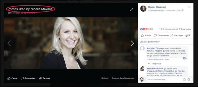 Sur Facebook, Maxime Nicolle "aime" aussi une photo de Marion Maréchal