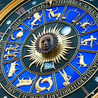 Une horloge astronomique inhabituelle sur un cadran solaire, avec au centre le visage de Winston Churchill. Bracken House, 1959, Londres