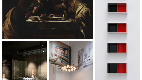 à gauche en haut : Michelangelo Merisi, dit Caravage, "Le Souper à Emmaüs" (© Pinacoteca di Brera), en bas "Tutto Ponti, Gio Ponti Archi-Designer" (© Luc Boegly). à droite : "MONUMENTAL MINIMAL", Donald Judd (© Judd Foundation ADAGP Paris 2018)