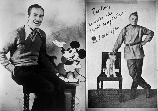 Walt Disney avecA gauche, Walt Disney avec Mickey Mouse (1935). A droite, un garçon habillé en Tintin (reproduction d’une photo trouvée dans le Studio Hergé (datant des années 30)