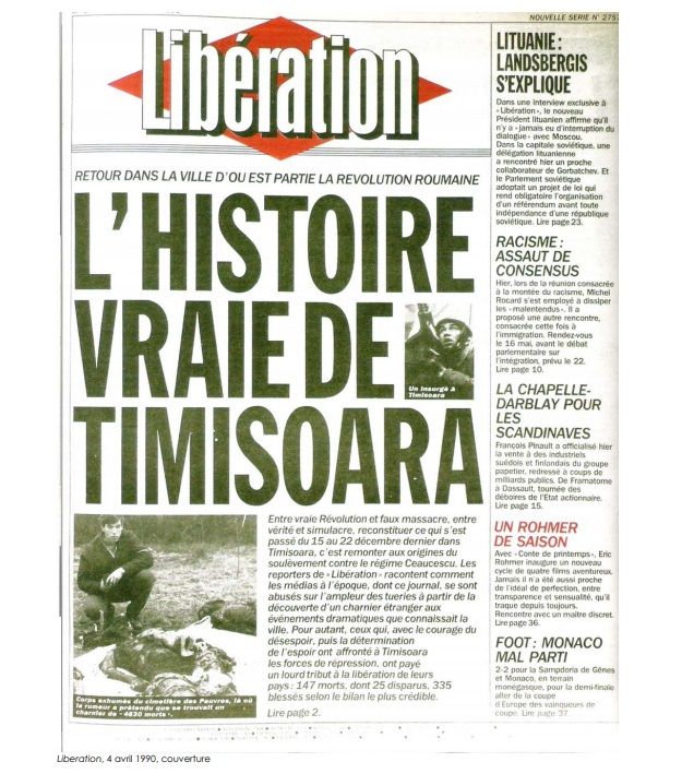Une de Libération d'avril 1990 avec la contre enquête du quotidien qui reconnaît lui-même s'être fait abuser