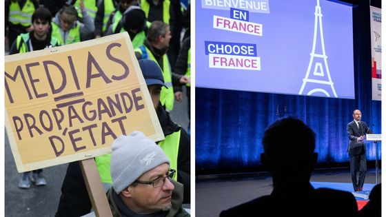 Manifestant des Gilets Jaunes le 12 janvier 2019 à Paris / Edouard Philippe présentant la stratégie d'attractivité de la France pour les étudiants internationaux, 19 novembre 2018 ©AFP - Ludovic MARIN / Christophe Morin