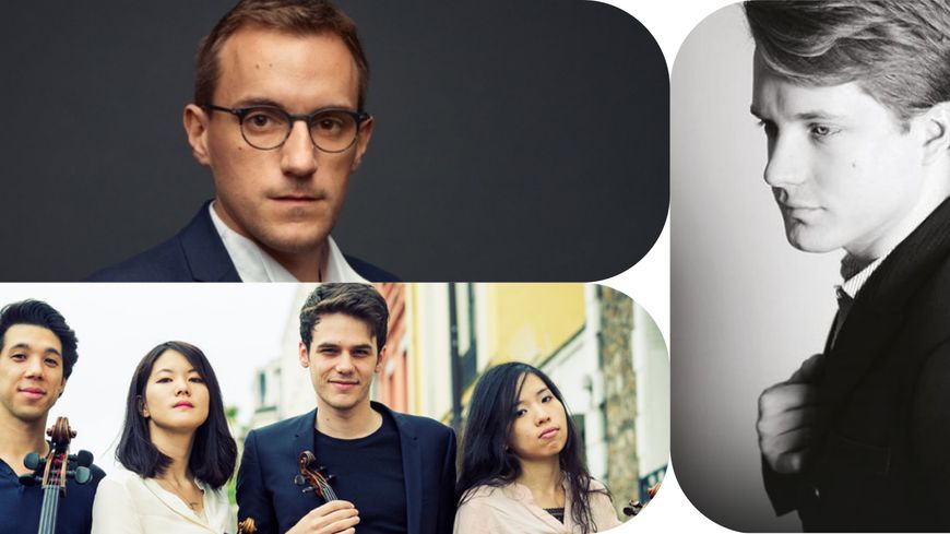 En haut : Félicien Brut. En bas : le Quatuor Hermès. A droite : Edouard Macarez