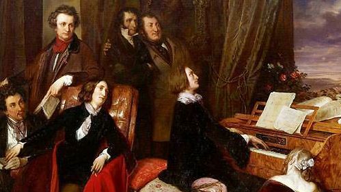 Autour de Franz Liszt (au piano), de gauche à droite : Alexandre Dumas, Victor Hugo, George Sand, Niccolo Paganini, Gioacchino Rossini et Marie d'Agoult (tableau de Joseph Danhauser, 1840) - AKK-Images