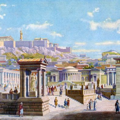 Représentation de l'agora athénienne, située sous l'Acropole (Merveilles du passé, 1934)