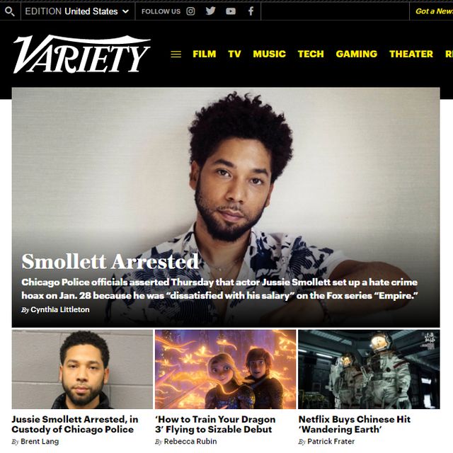L'arrestation de Jussie Smollett à la une de Variety