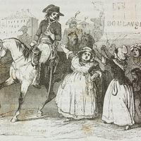 Deux femmes interpellant Napoléon Bonaparte sur la pénurie de pain à Paris en 1795, tiré de la 1ère édition italienne du Mémorial de Sainte-Hélène (1842) par Emmanuel de Las Cases, dessin de Nicolas Toussaint-Charlet