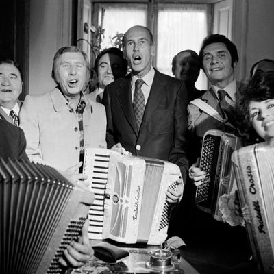 Valery Giscard D Estaing with french accordion players Edouard Duleu, Aimable, Andre Verchuren and Yvette Horner, at World Accordion Festival, on June 26, 1973 in Paris, France