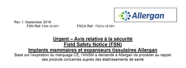 Avis relatif à la sécurité, sur le rappel des prothèses texturées de la marque Allergan.